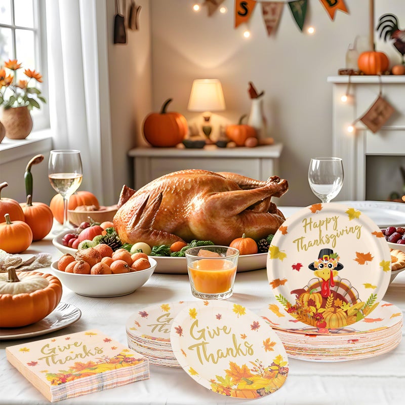 PERFQU 150 Pcs Thanksgiving Plates and Napkins Sets - Happy Thanksgiving Round Tableware, Disposable Fall Turkey Give Thanks Paper Dinner Dessert Plates Dinnerware for Thanksgiving Party Supplies, Serve 50 - Image 2